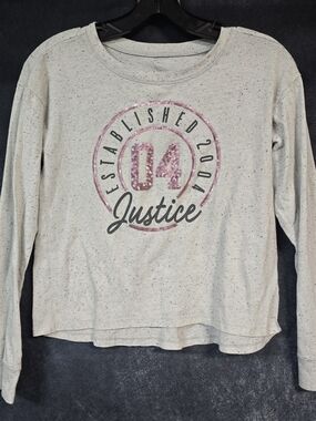 Justice Light Gray Long-Sleeve Tee with Pink Glitter Graphic